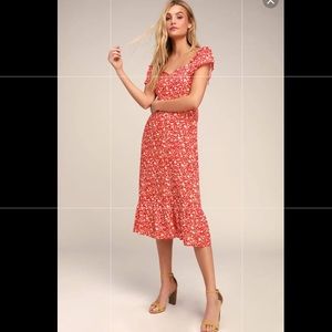 NWT Marina Red Floral Print Midi Dress Lulu’s
